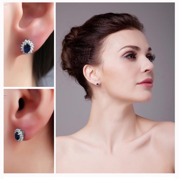 925 Sterling Silver Blue Sapphire Stud Earrings - Picture 5 of 6